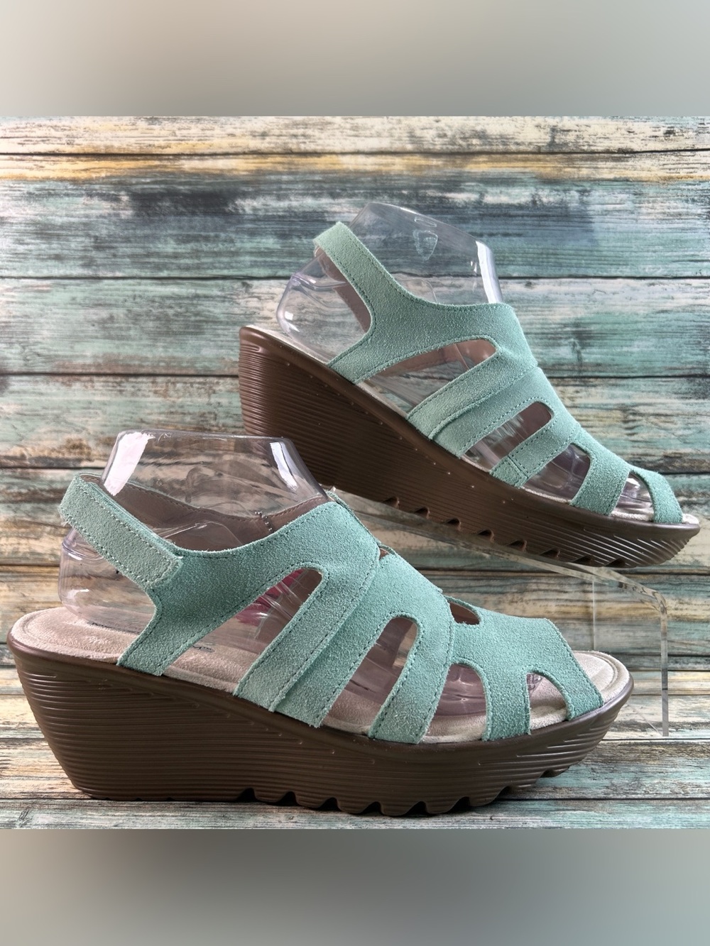 Skechers Parallel Stylin Sandals Womens 8.5 Mint Green Suede Wedge Heel Peep Toe